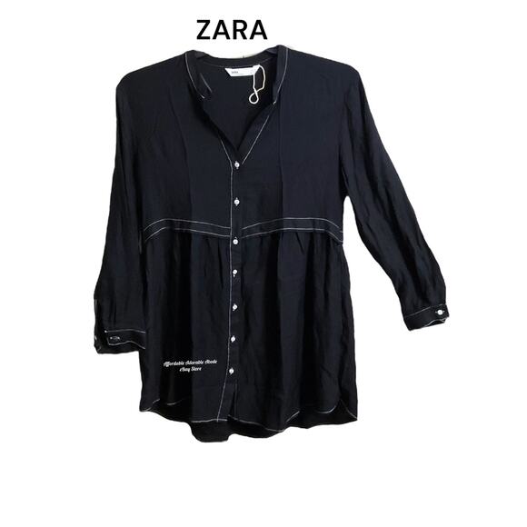 ZARA Dress Tunic M Black Denim Viscose Oversized Button Down Topstitched Z1975 - Picture 1 of 8